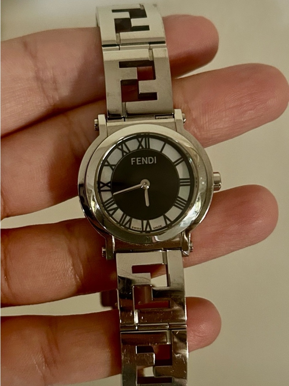 Fendi Silver Bracelet Watch with Mother of Pearl Black Dial Sapphire Crystal